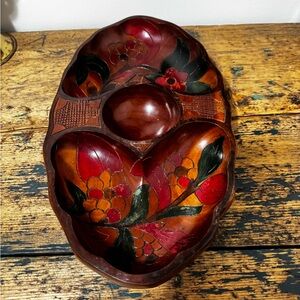 Hand-Painted Wooden Decorative Bowl in Red and Brown